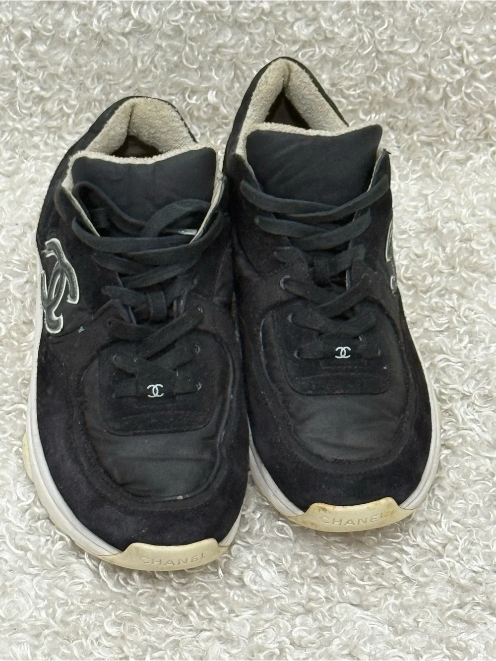 CHANEL Black and White Suede Fabric Sneakers